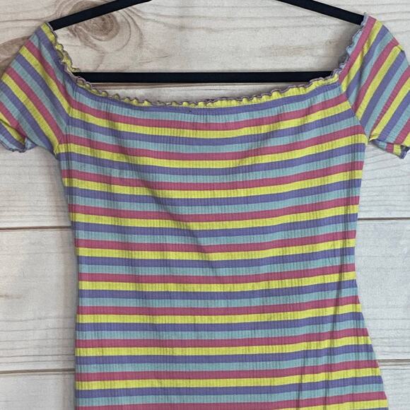 Shein Rainbow Colors Striped Off Shoulder Bodycon Mini Dress Size Medium - Picture 2 of 7